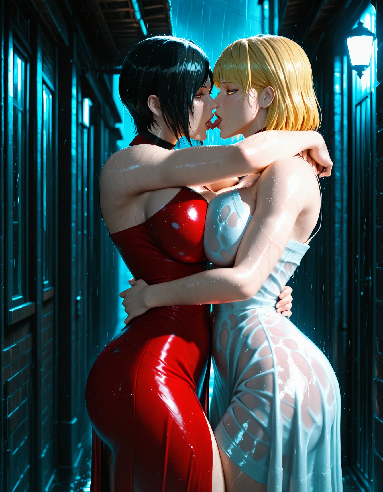 multiple girls, 2girls, kiss, french kiss, dress, black hair · Yamete.gg