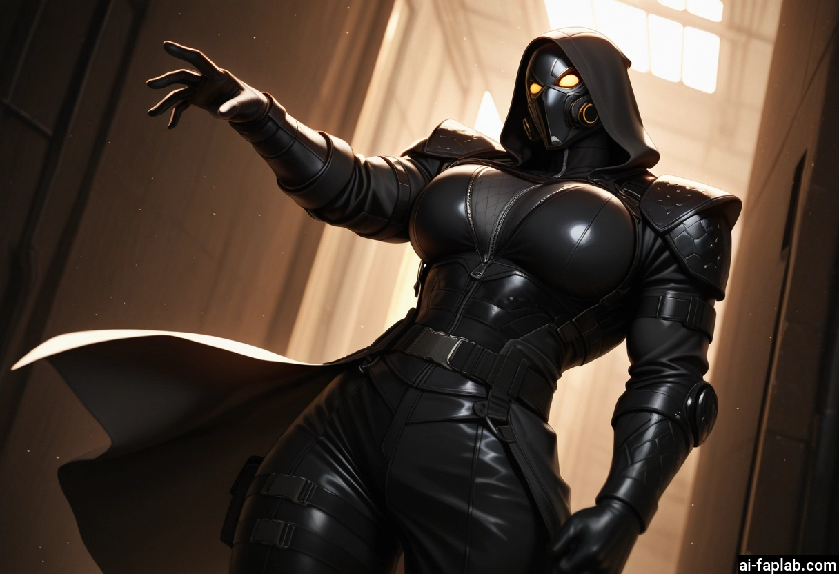 1girl, breasts, mask, solo, hood, large breasts