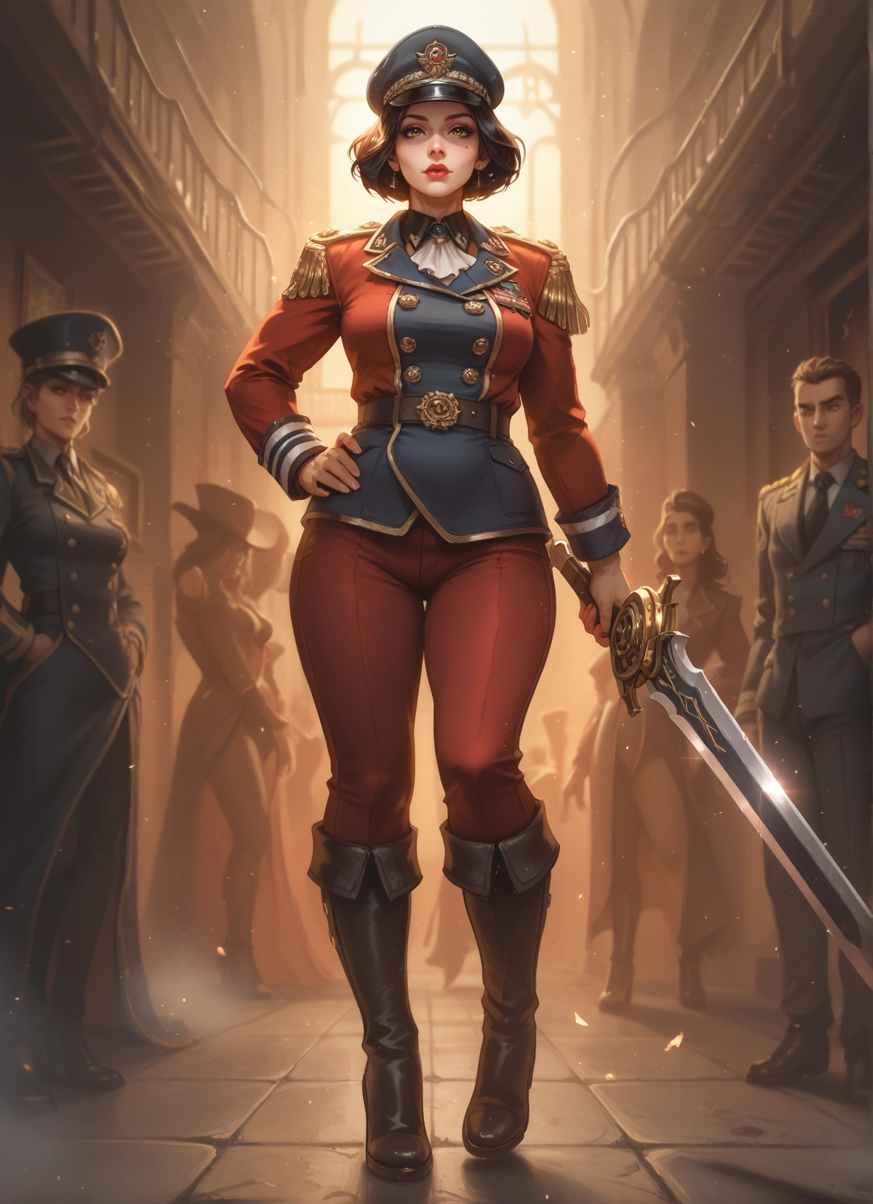 weapon, sword, hat, boots, multiple girls, uniform · Yamete.gg