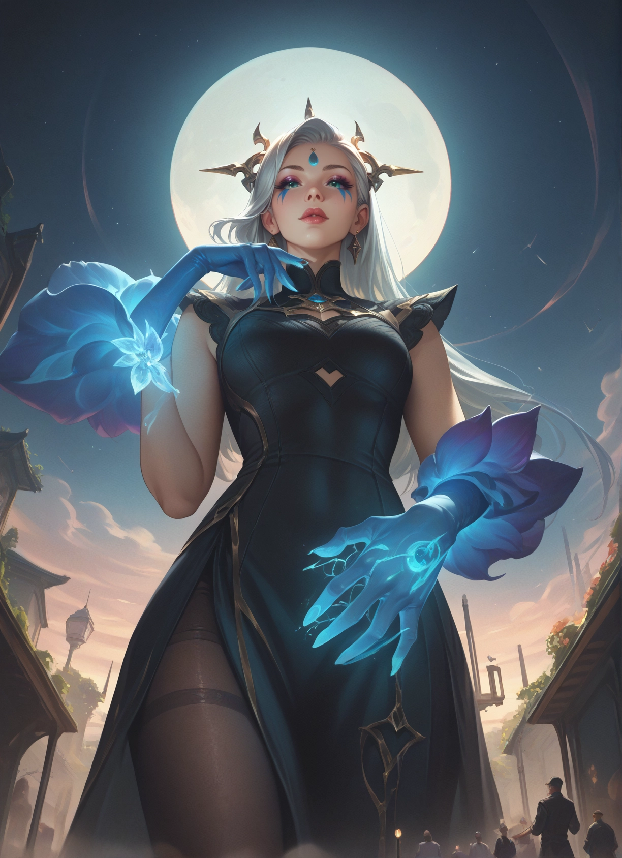moon, gloves, pantyhose, dress, jewelry, long hair · Yamete.gg