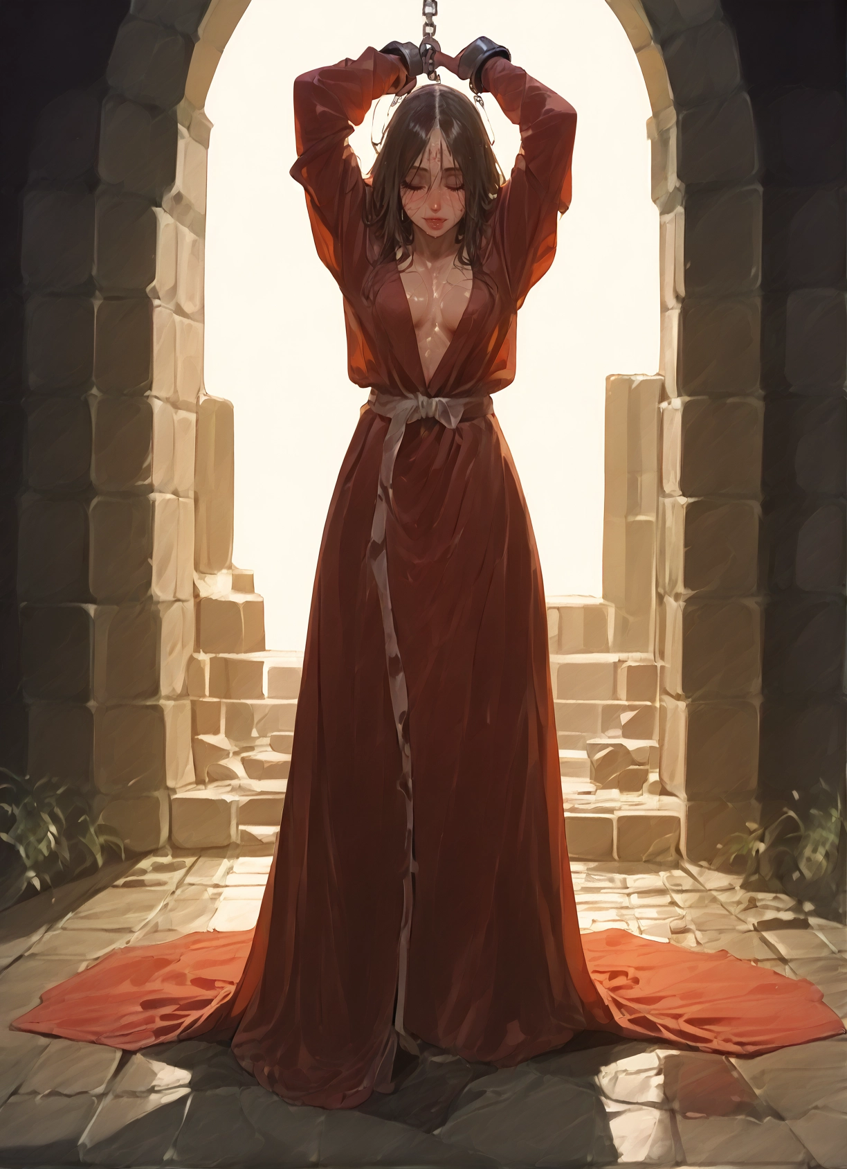 1girl, solo, breasts, cuffs, closed eyes, dress · Yamete.gg