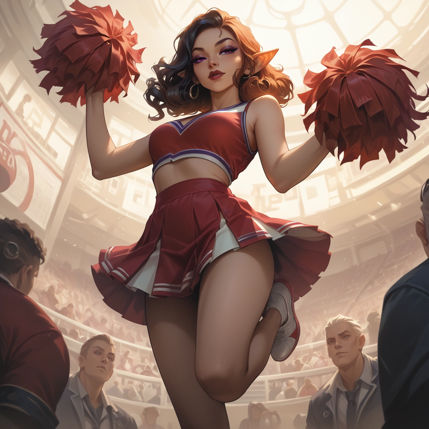 cheerleader, pom pom (cheerleading), skirt, 1girl, pointy ears, elf · Yamete.gg