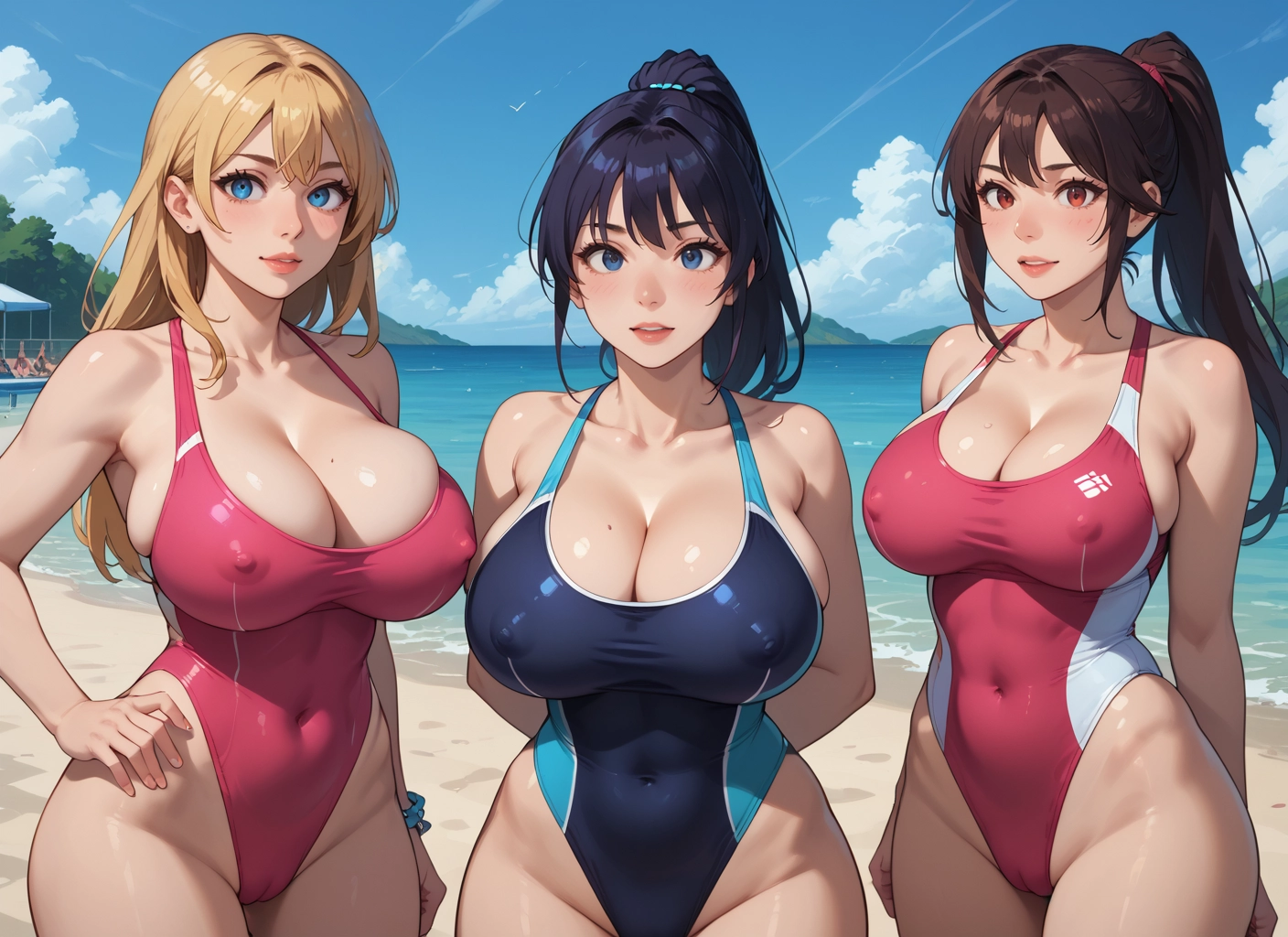 breasts, multiple girls, swimsuit, one-piece swimsuit, mole, blonde hair