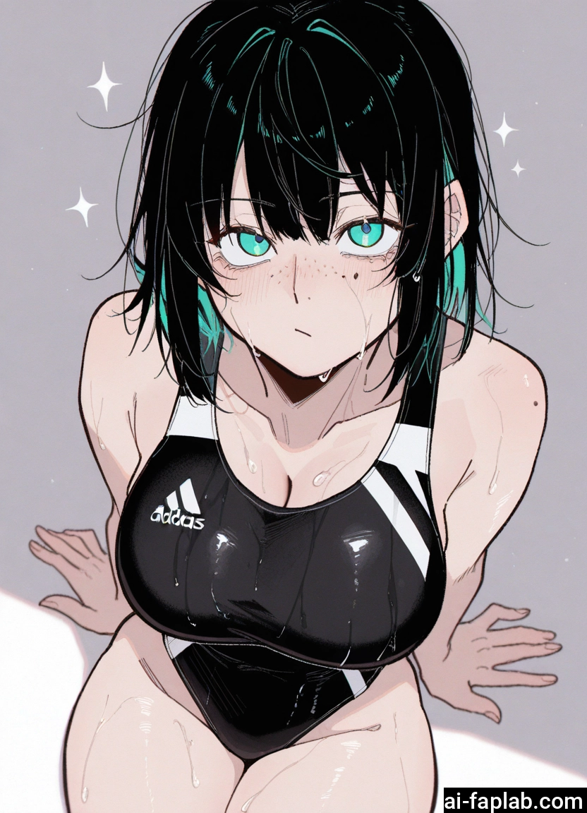 1girl, breasts, swimsuit, one-piece swimsuit, black hair, solo