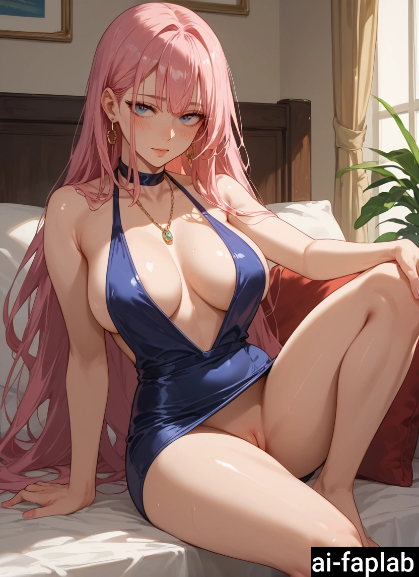 1girl, breasts, solo, long hair, jewelry, pink hair
