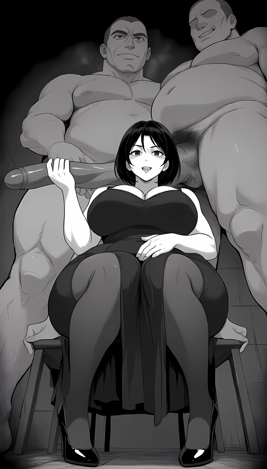 1girl, breasts, monochrome, hetero, multiple boys, greyscale · Yamete.gg