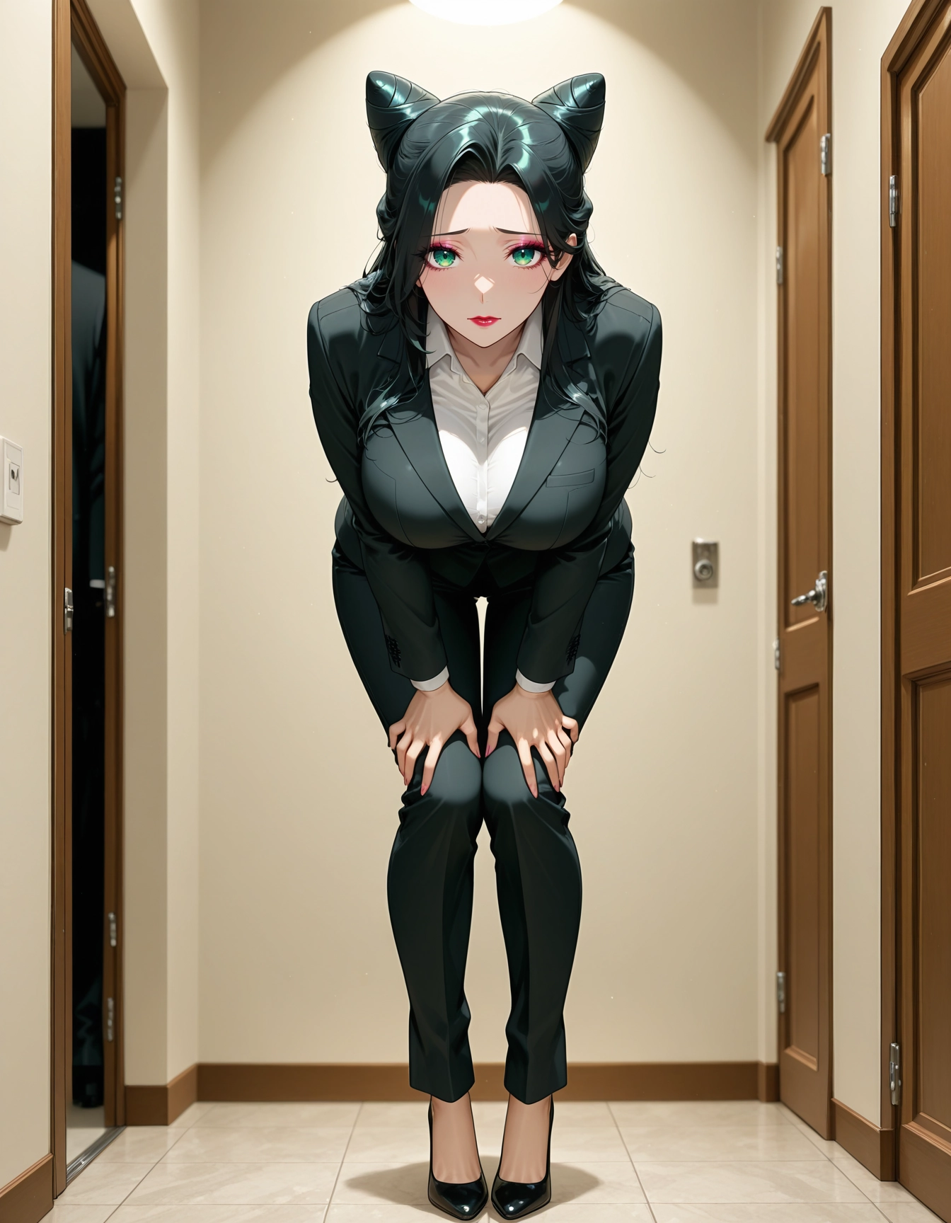 1girl, breasts, black hair, shirt, hair cones, large breasts · Yamete.gg