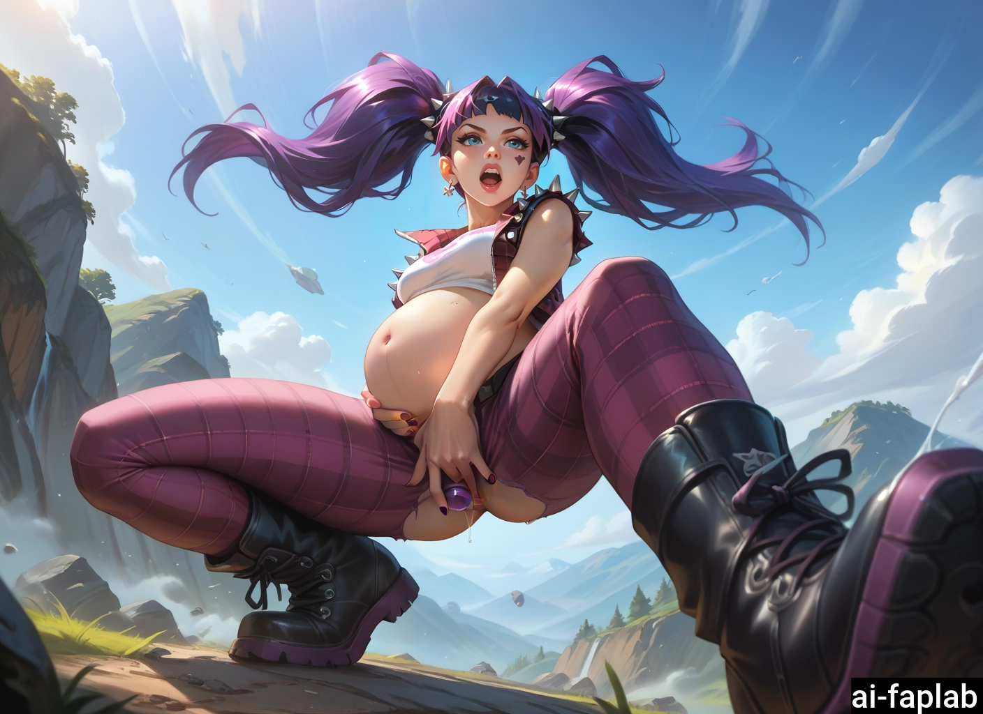 1girl, solo, twintails, purple hair, outdoors, spikes · Yamete.gg