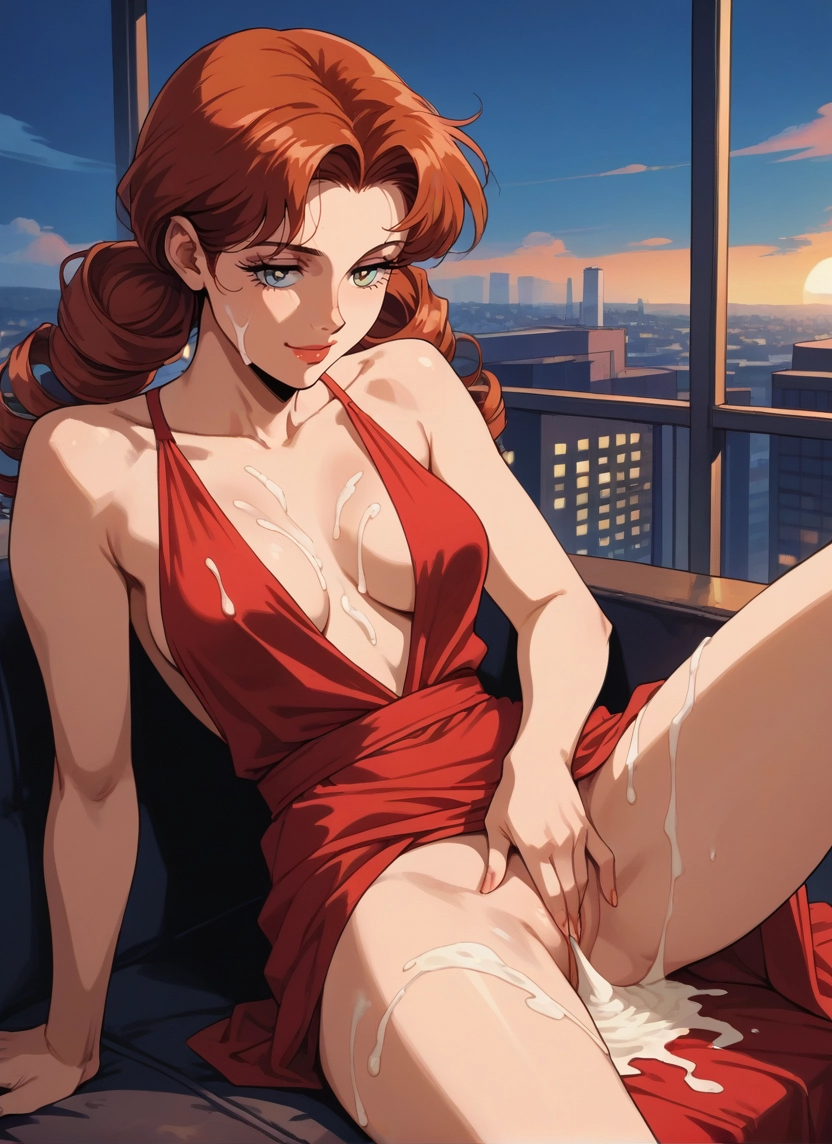 1girl, breasts, solo, dress, cum, red dress · Yamete.gg