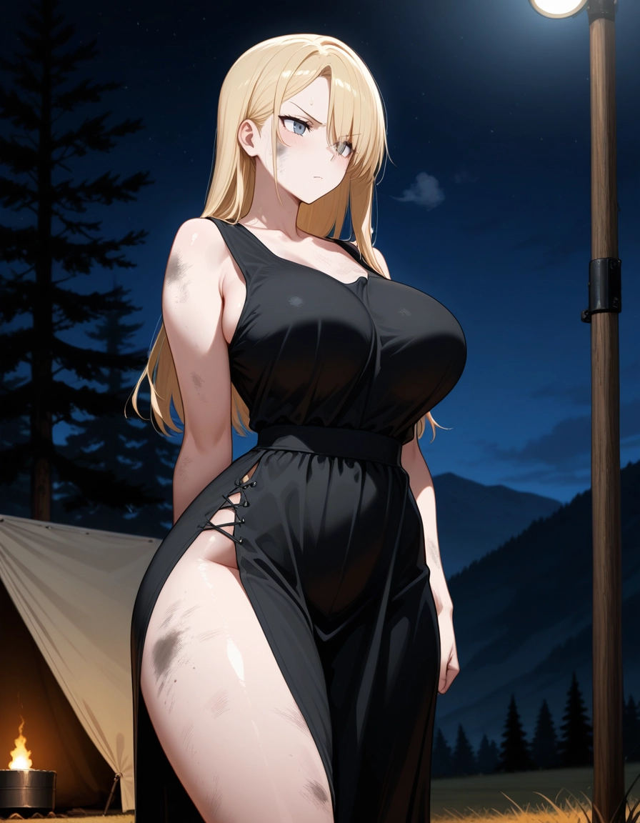 1girl, breasts, solo, blonde hair, night, dress · Yamete.gg
