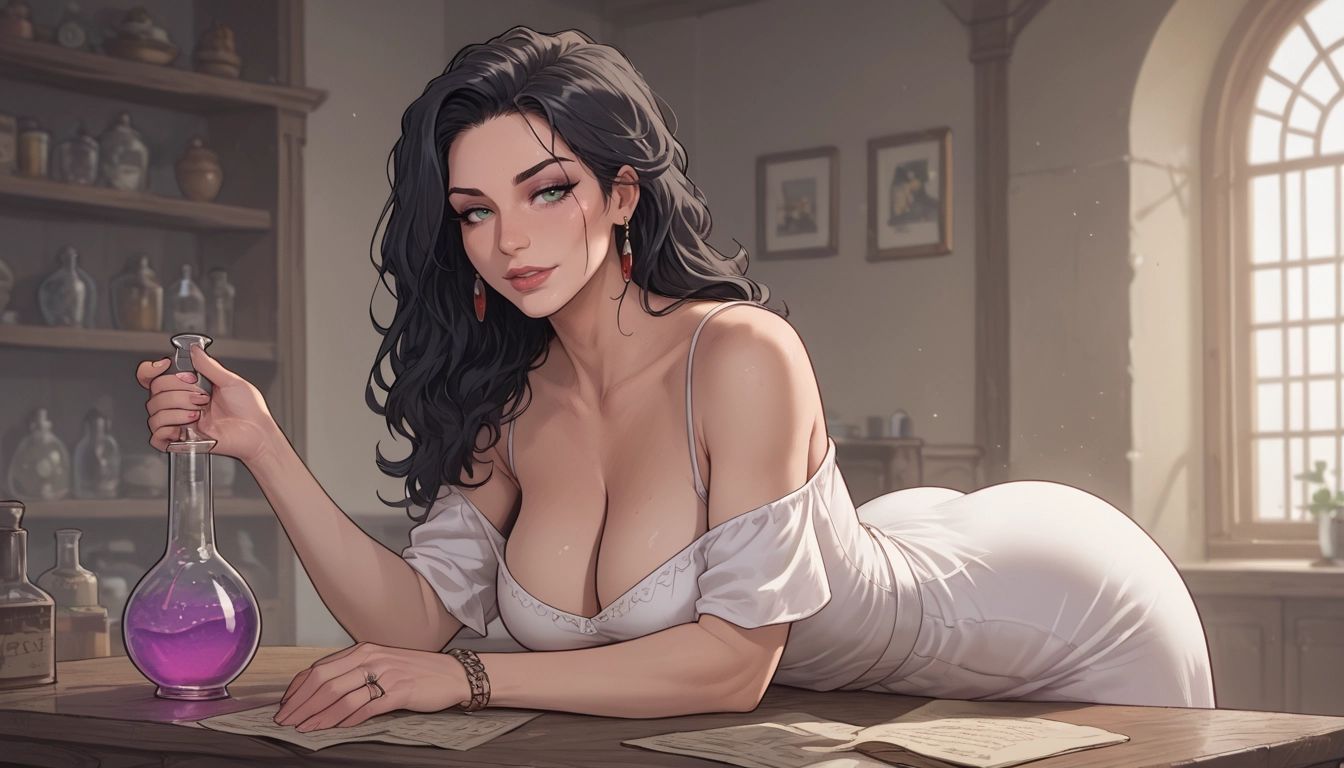 jewelry, 1girl, black hair, solo, earrings, cleavage · Yamete.gg