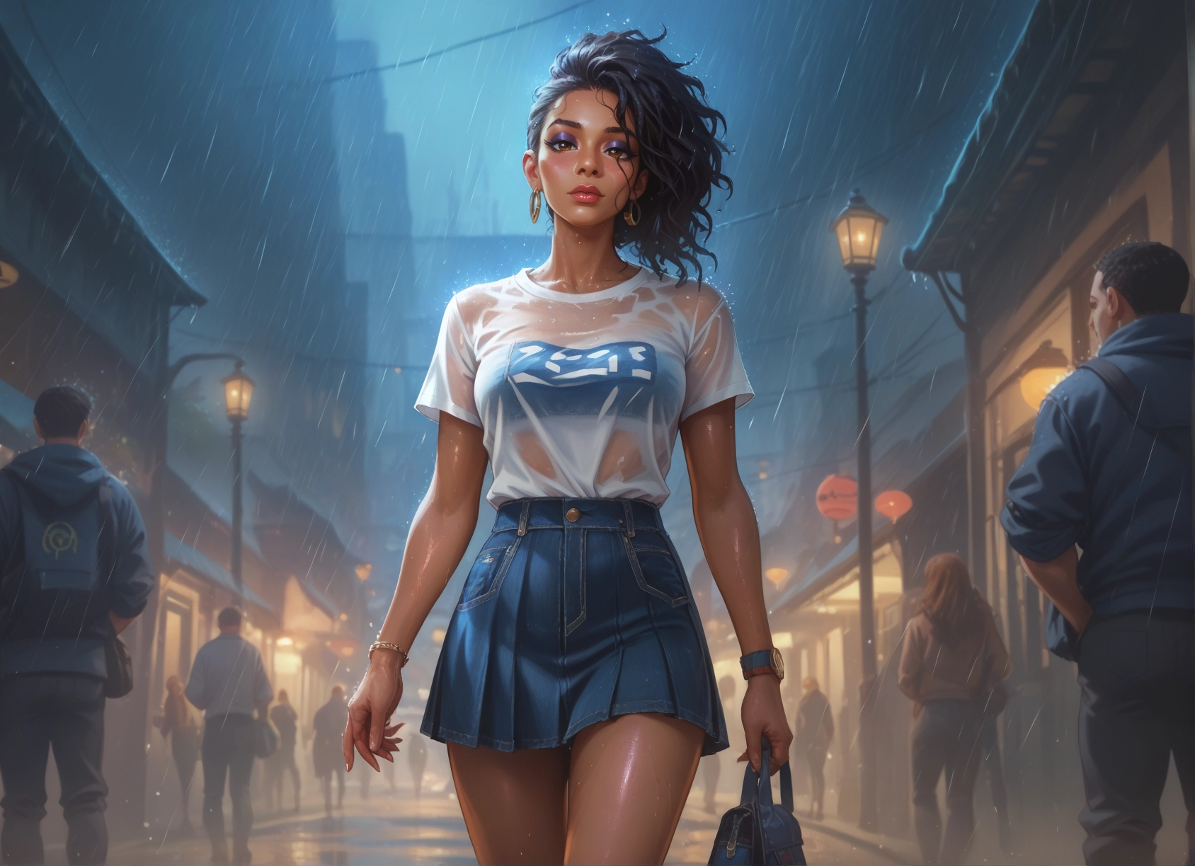skirt, rain, jewelry, wet, earrings, wet clothes · Yamete.gg