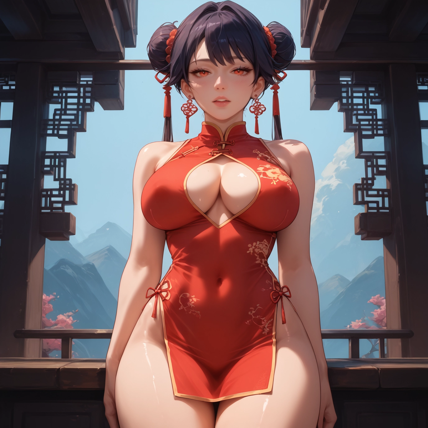 breasts, 1girl, dress, chinese clothes, china dress, double bun · Yamete.gg