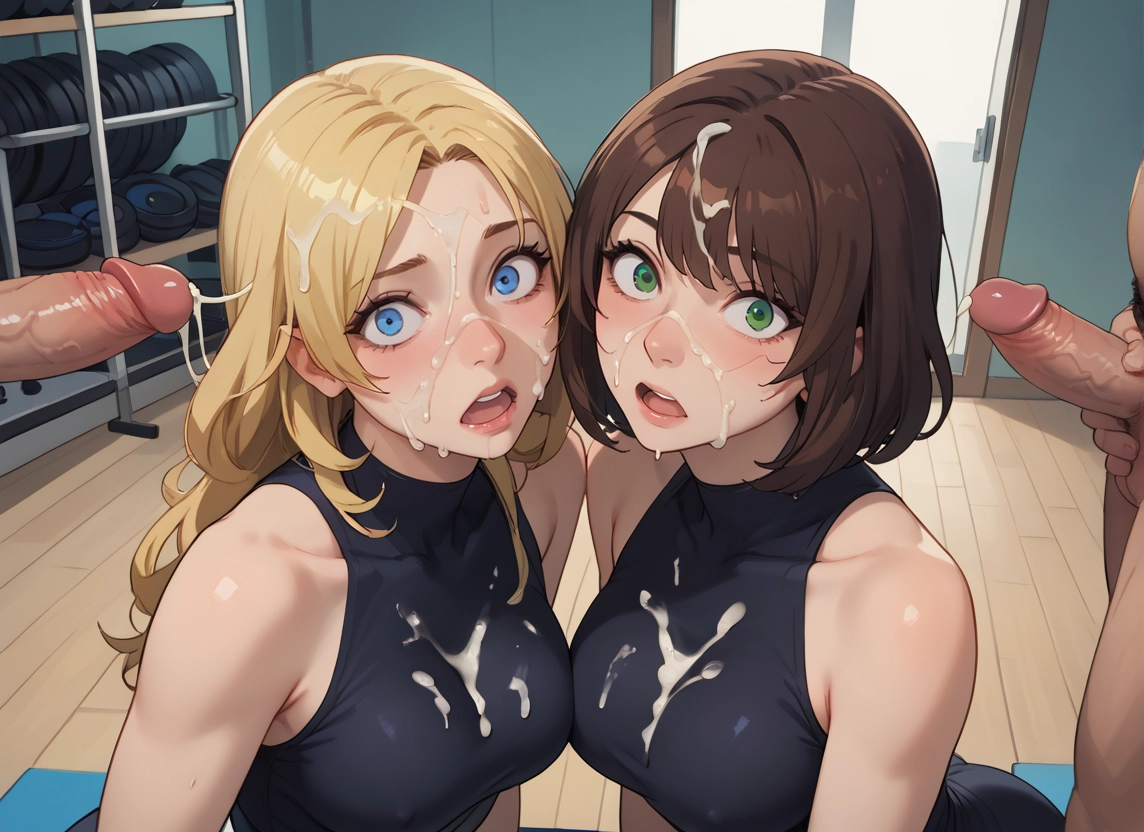 penis, multiple girls, cum, 2girls, blonde hair, green eyes · Yamete.gg