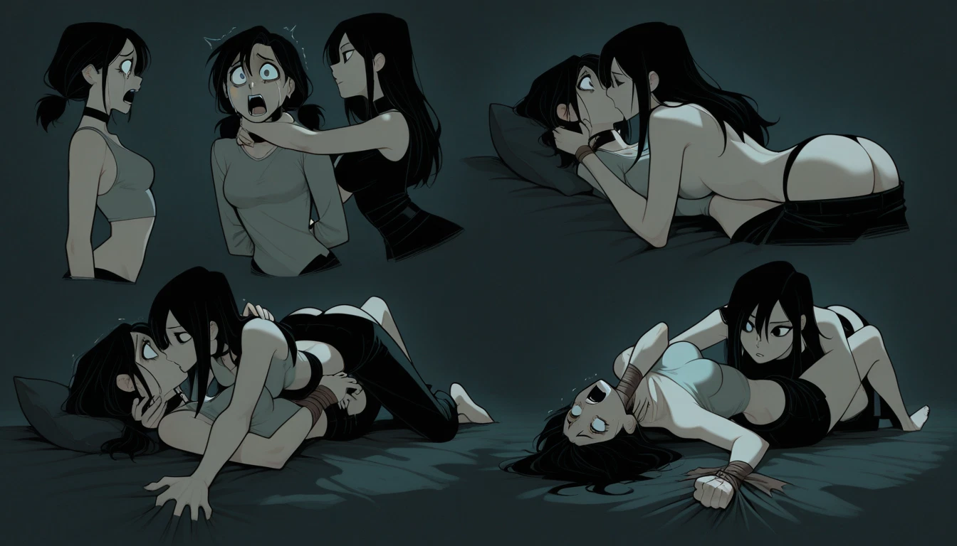 multiple girls, 2girls, yuri, breasts, black hair, kiss