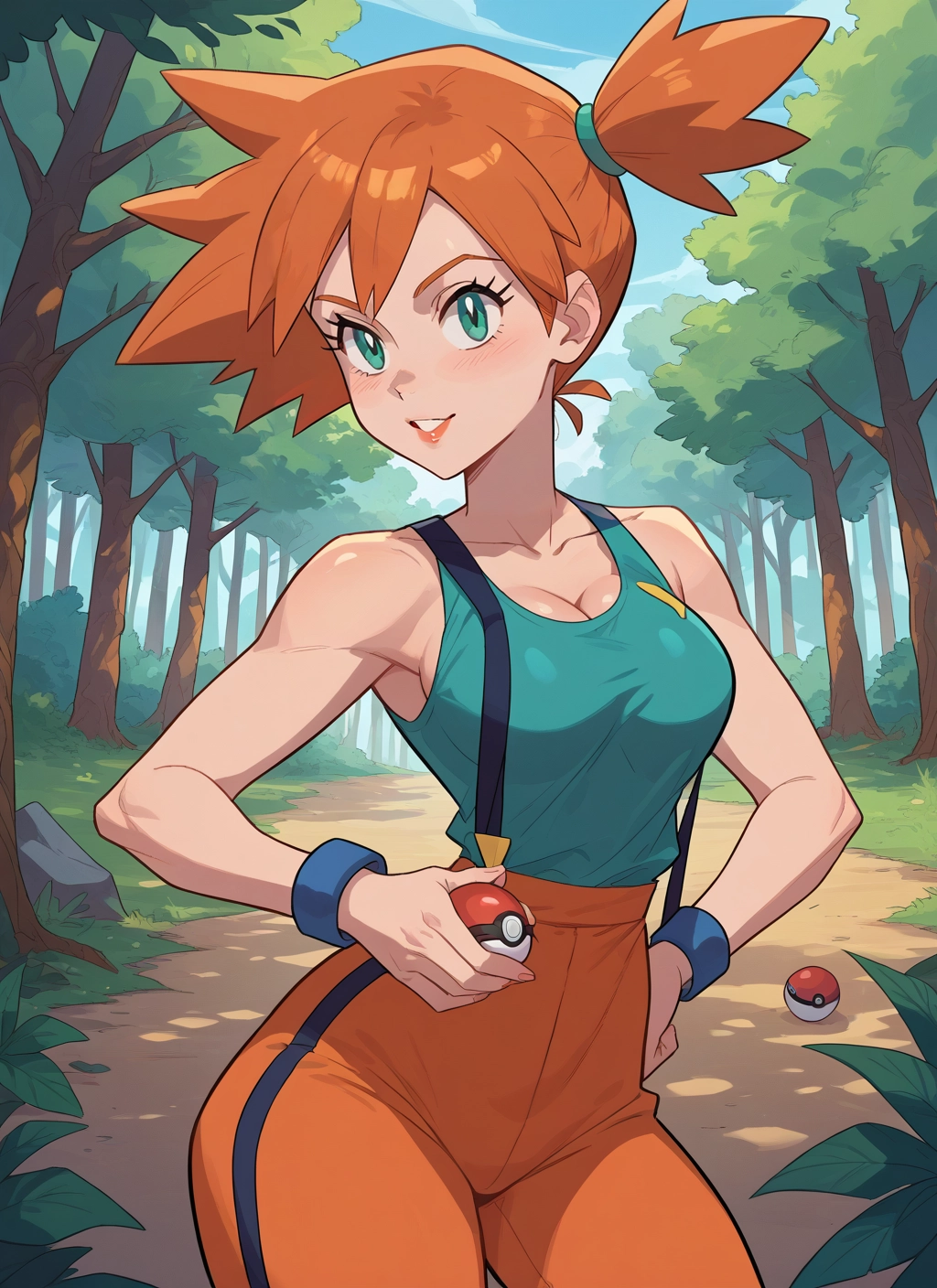 1girl, breasts, orange hair, holding, suspenders, solo · Yamete.gg