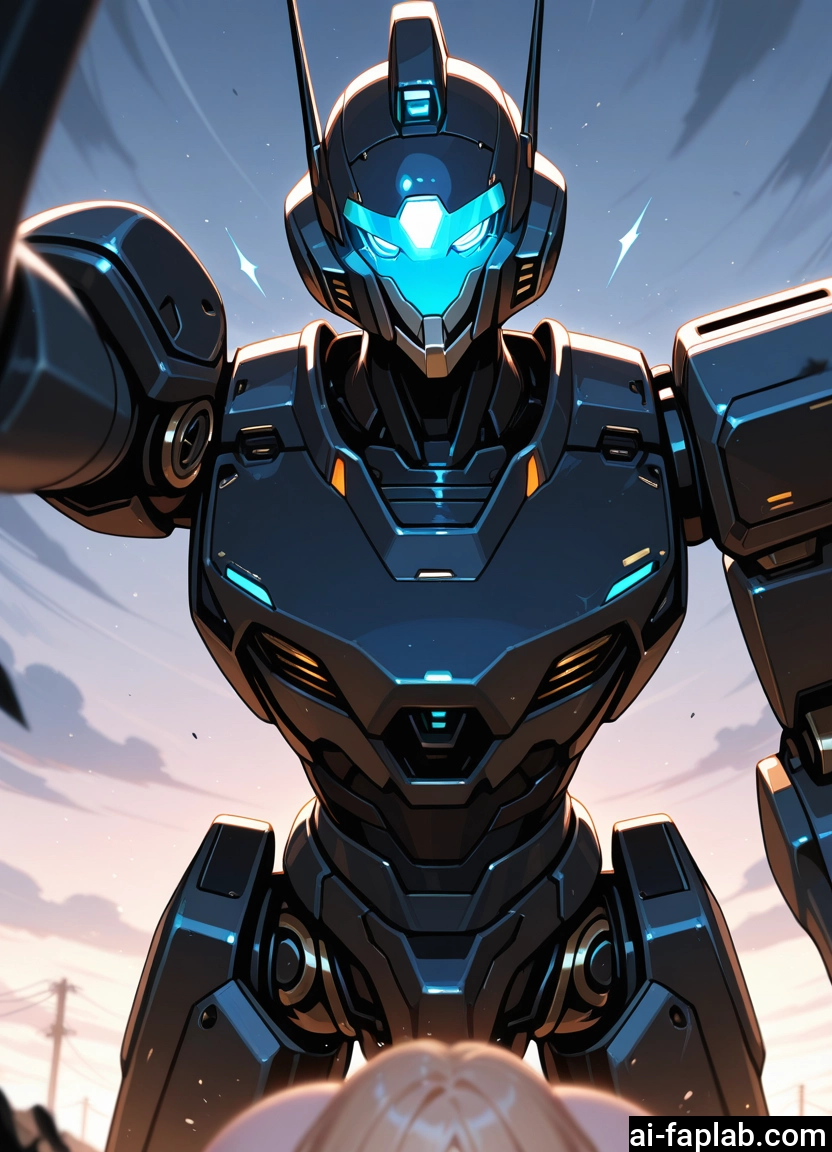 mecha, 1girl, glowing, blue eyes, power lines, sky · Yamete.gg