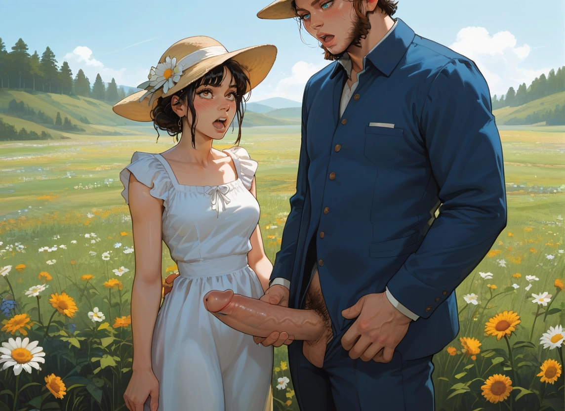 1girl, 1boy, outdoors, hat, flower, dress · Yamete.gg