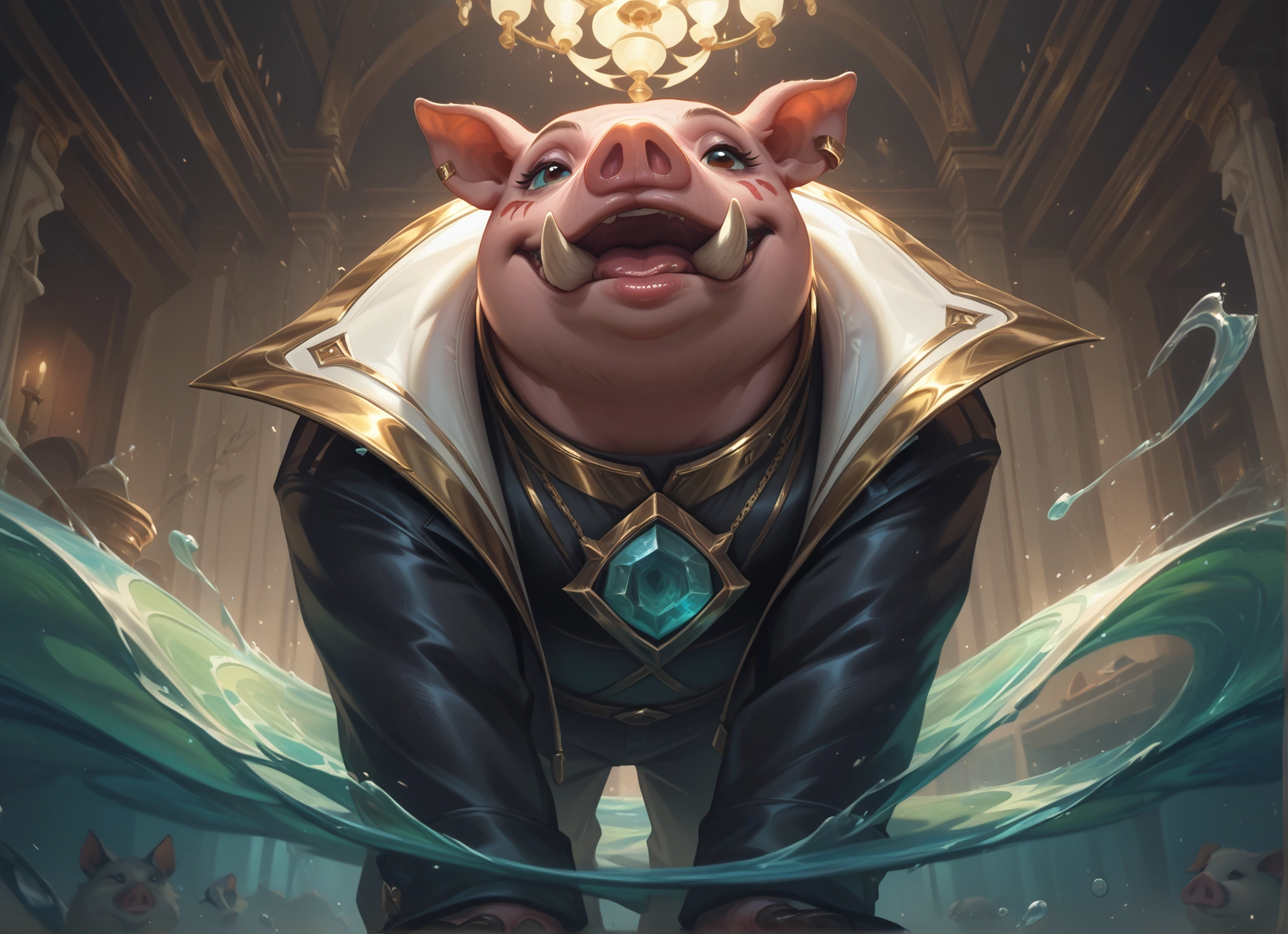 furry, jewelry, water, earrings, facial mark, pig