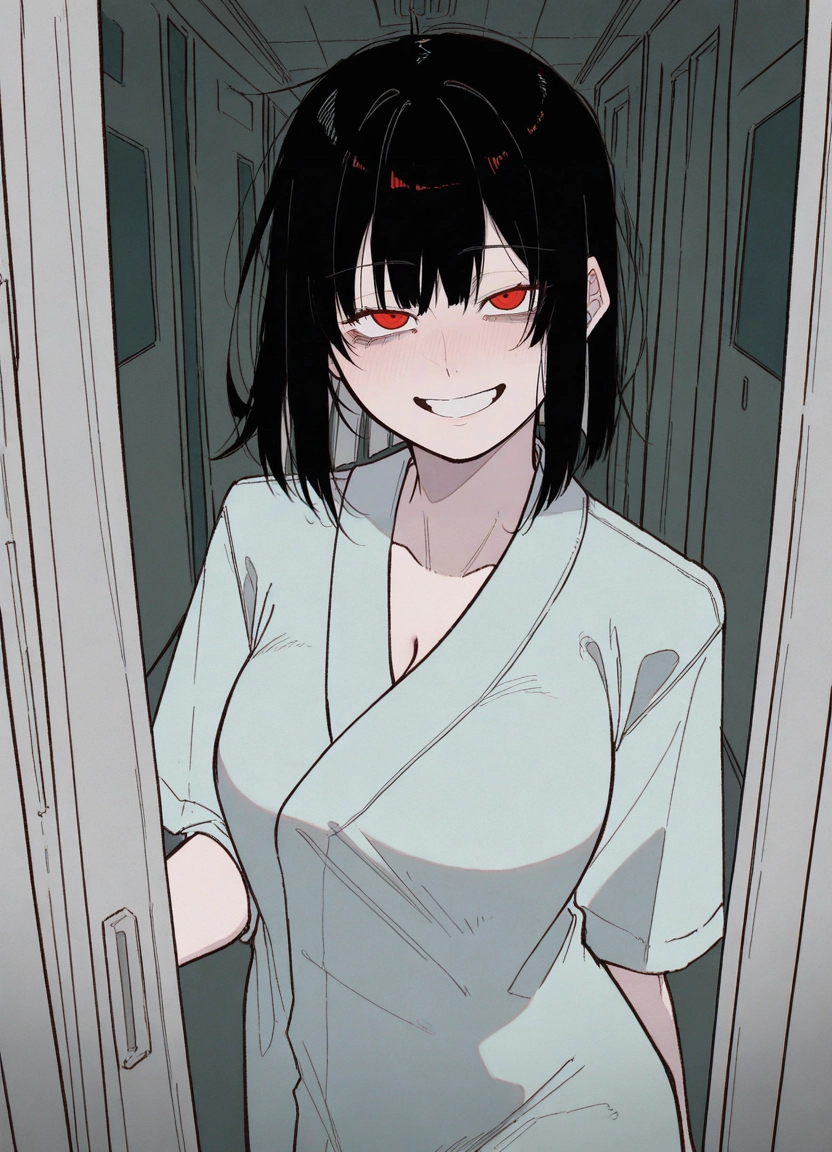 1girl, smile, red eyes, solo, breasts, black hair · Yamete.gg