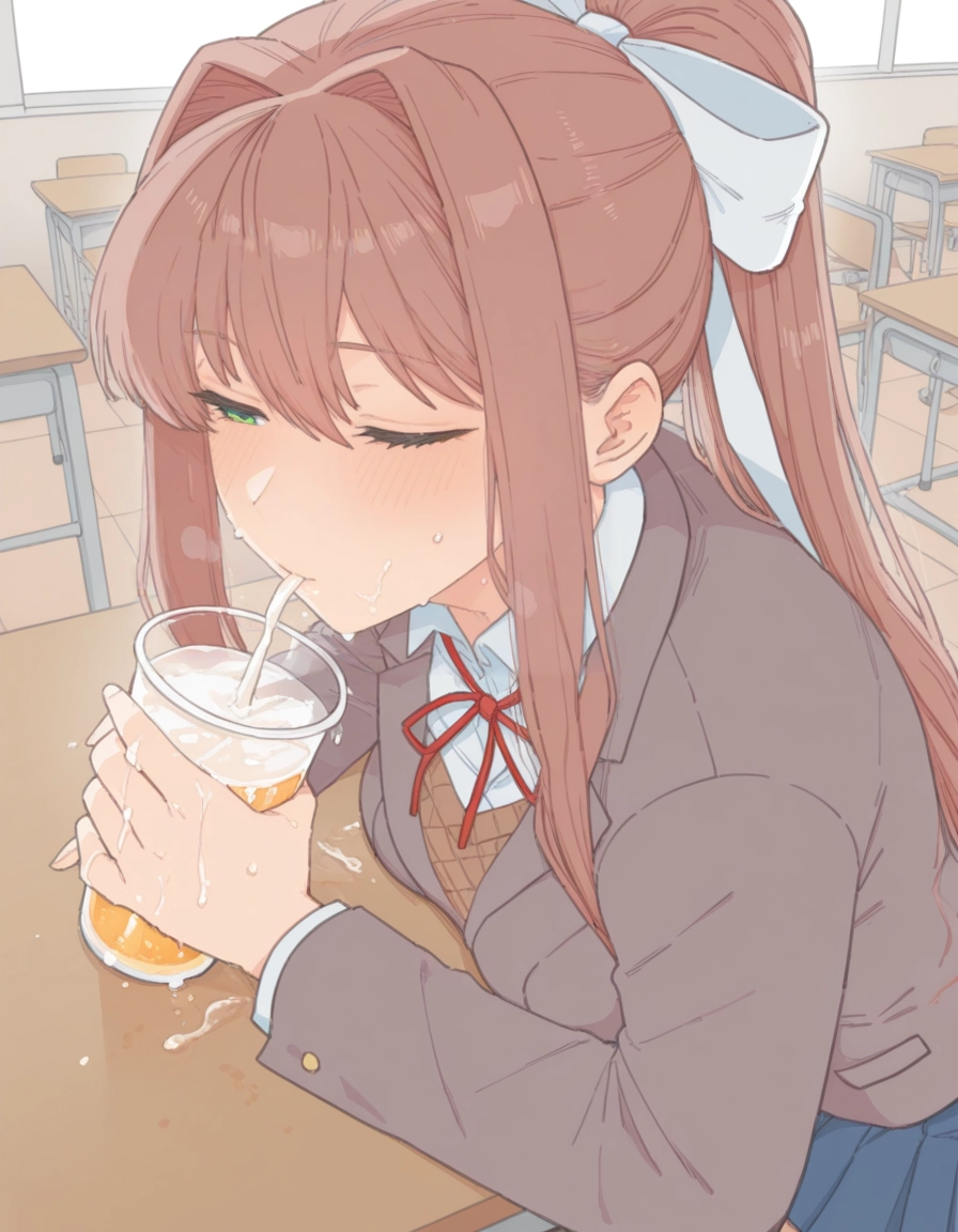 1girl, monika (doki doki literature club), ponytail, green eyes, brown hair, one eye closed · Yamete.gg
