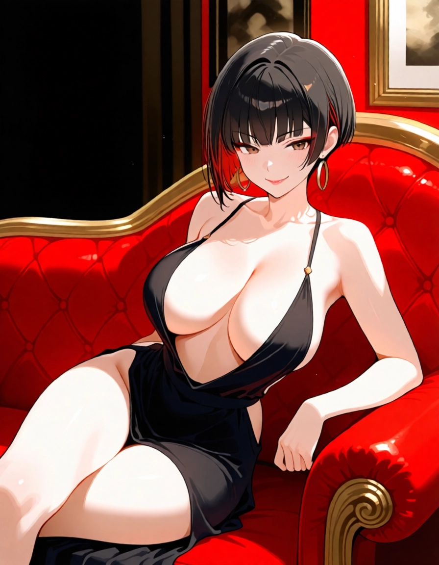 1girl, breasts, black hair, dress, solo, jewelry · Yamete.gg