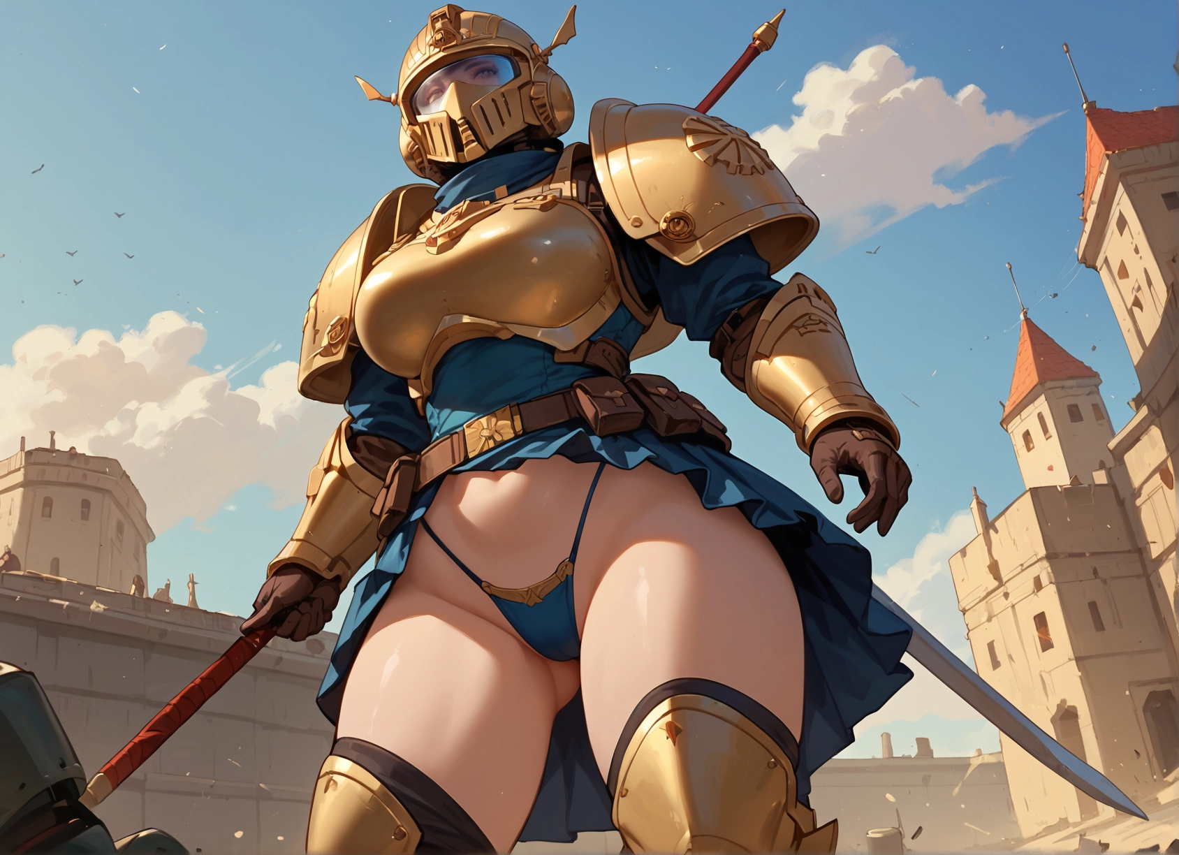 1girl, weapon, armor, helmet, sword, navel · Yamete.gg