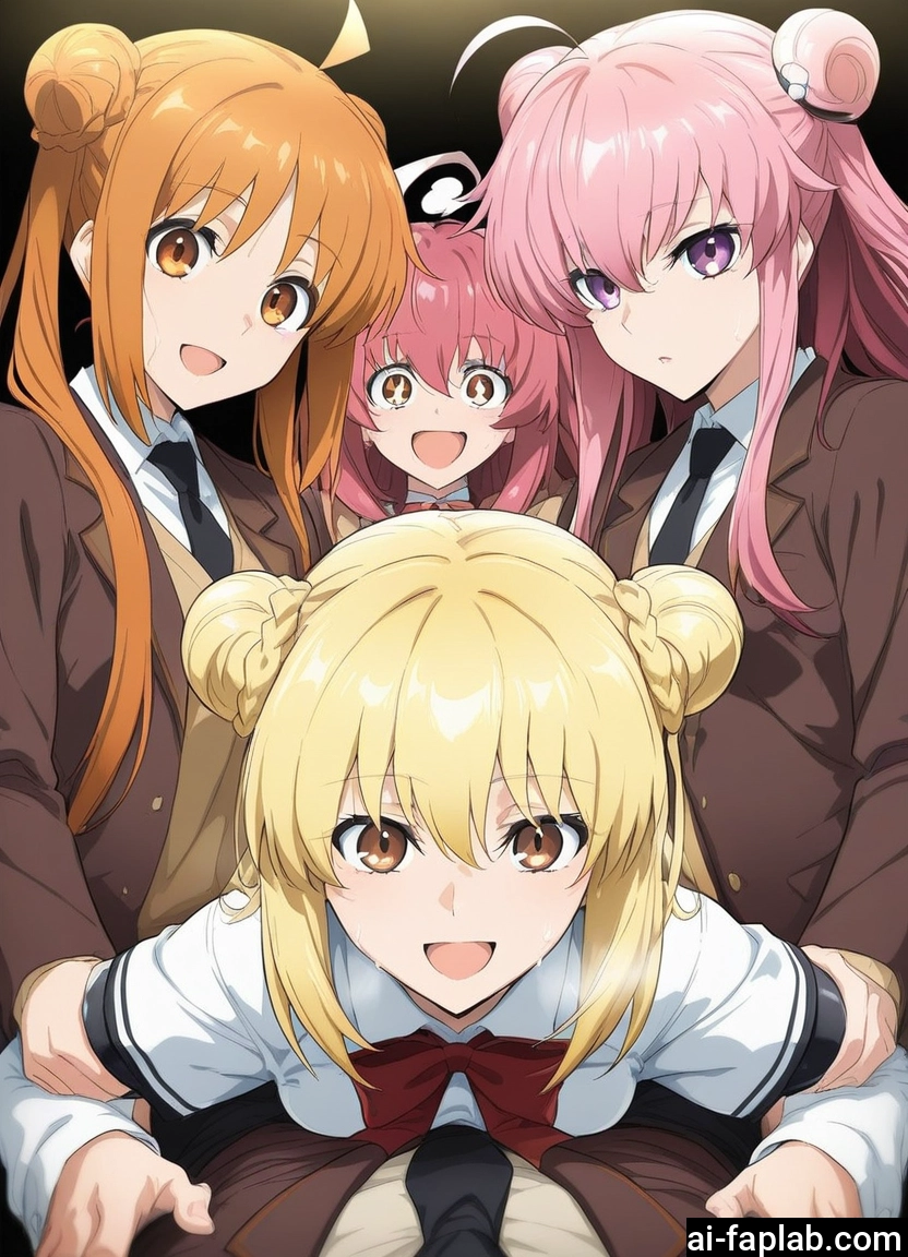 multiple girls, pink hair, blonde hair, double bun, 4girls, open mouth