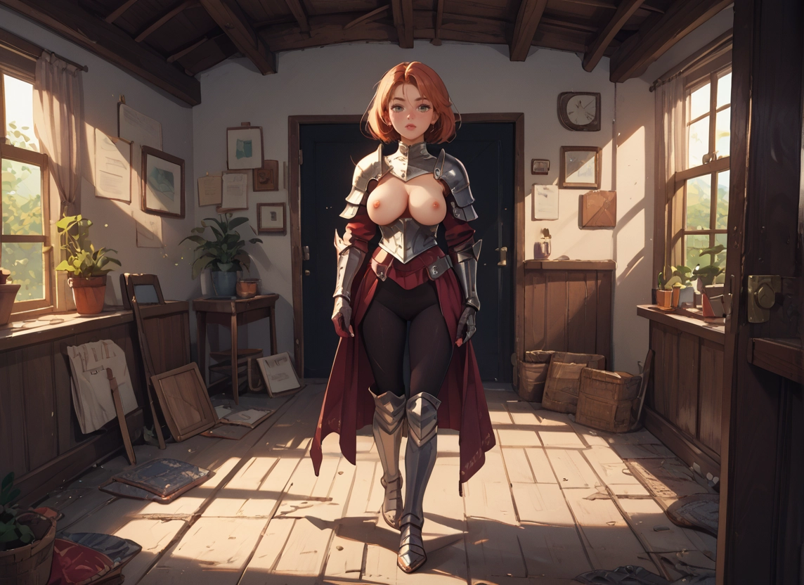 1girl, breasts, nipples, armor, solo, indoors
