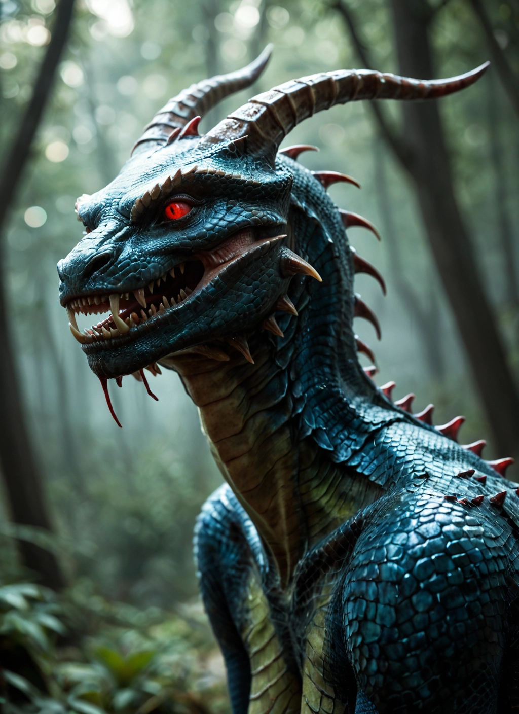 no humans, red eyes, horns, open mouth, blurry, nature · Yamete.gg