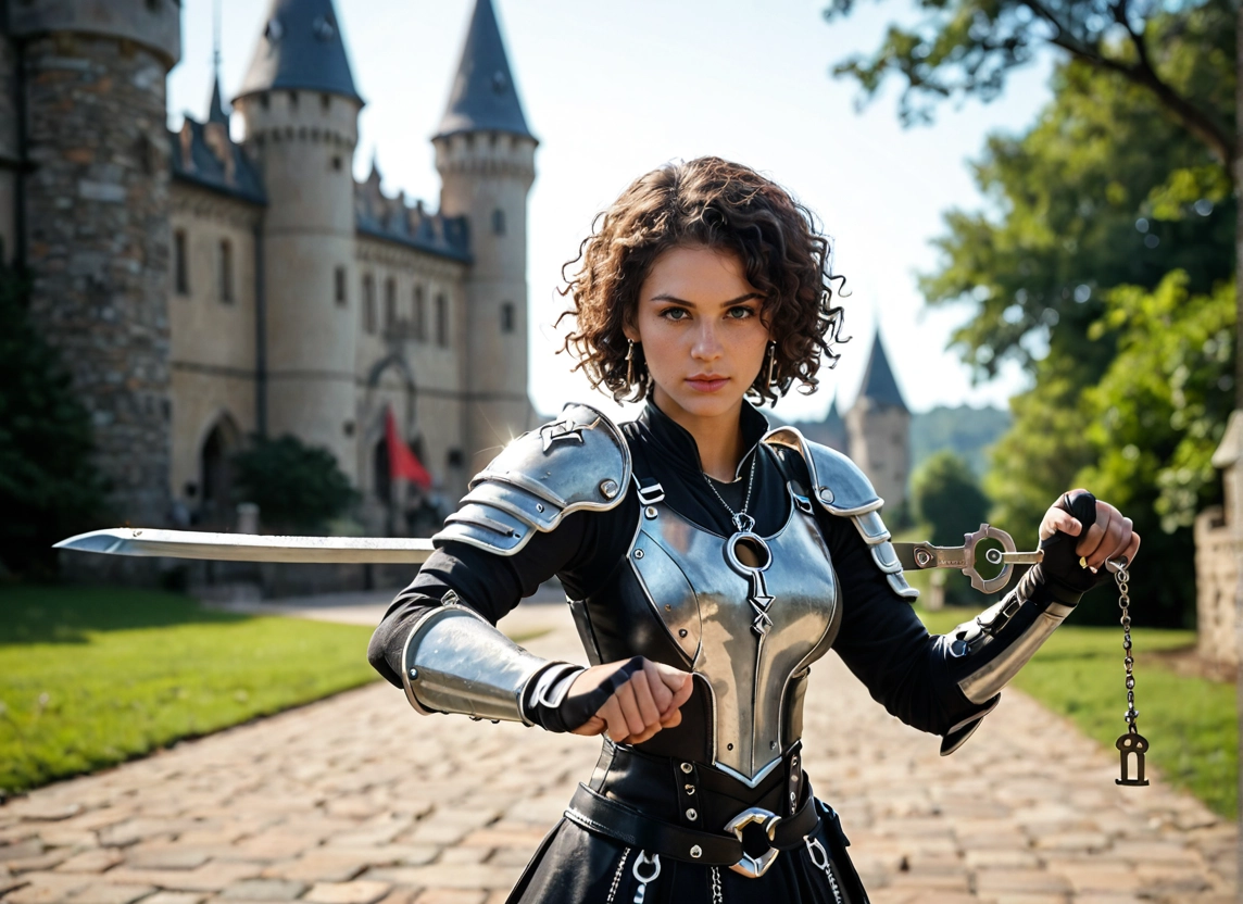1girl, weapon, sword, solo, armor, brown hair · Yamete.gg