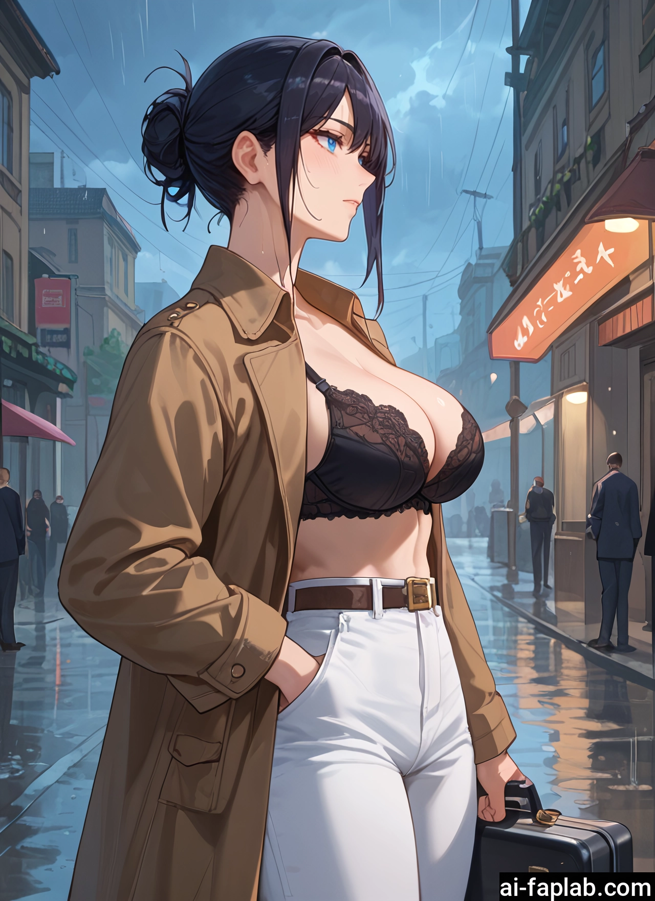 breasts, underwear, bra, blue eyes, pants, black hair