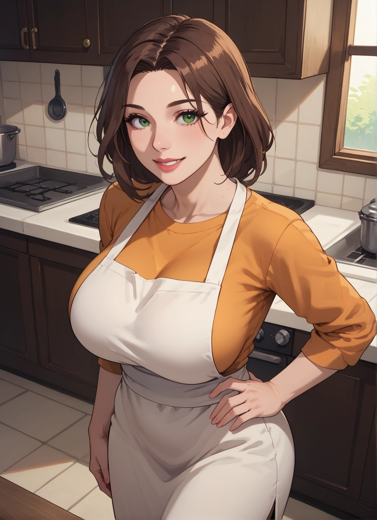 1girl, breasts, green eyes, brown hair, apron, large breasts