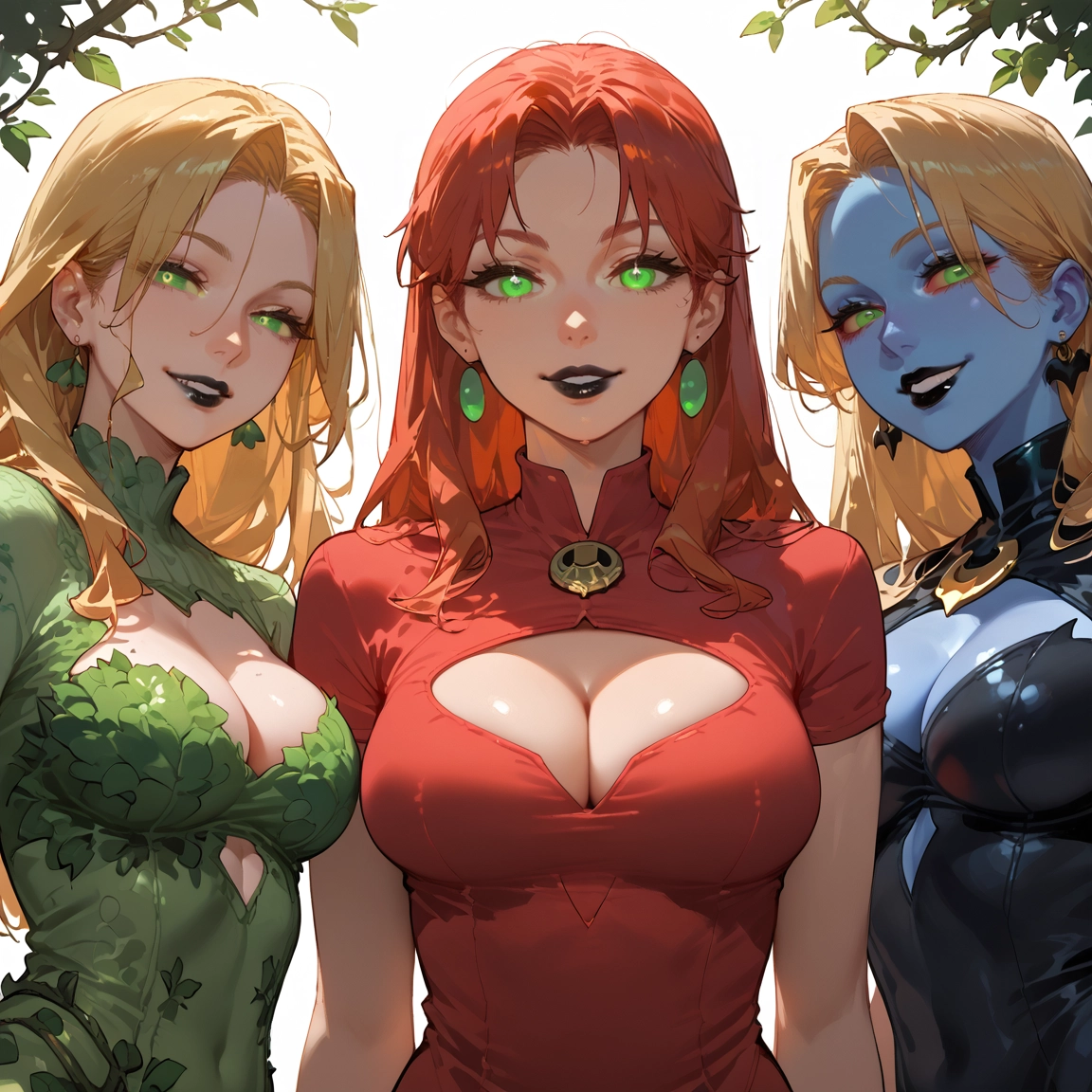 breasts, green eyes, jewelry, earrings, blonde hair, cleavage · Yamete.gg