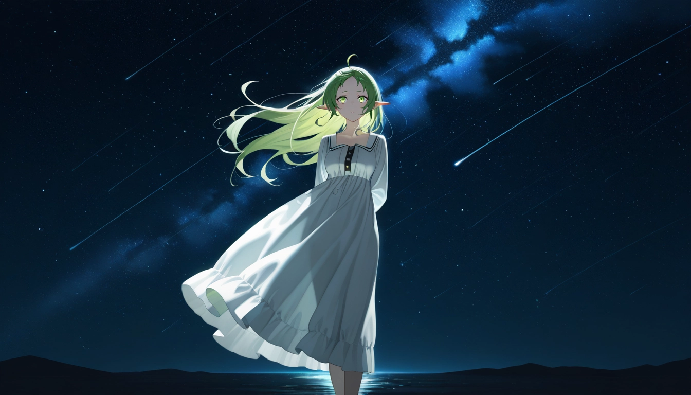 1girl, solo, dress, star (sky), sky, pointy ears · Yamete.gg