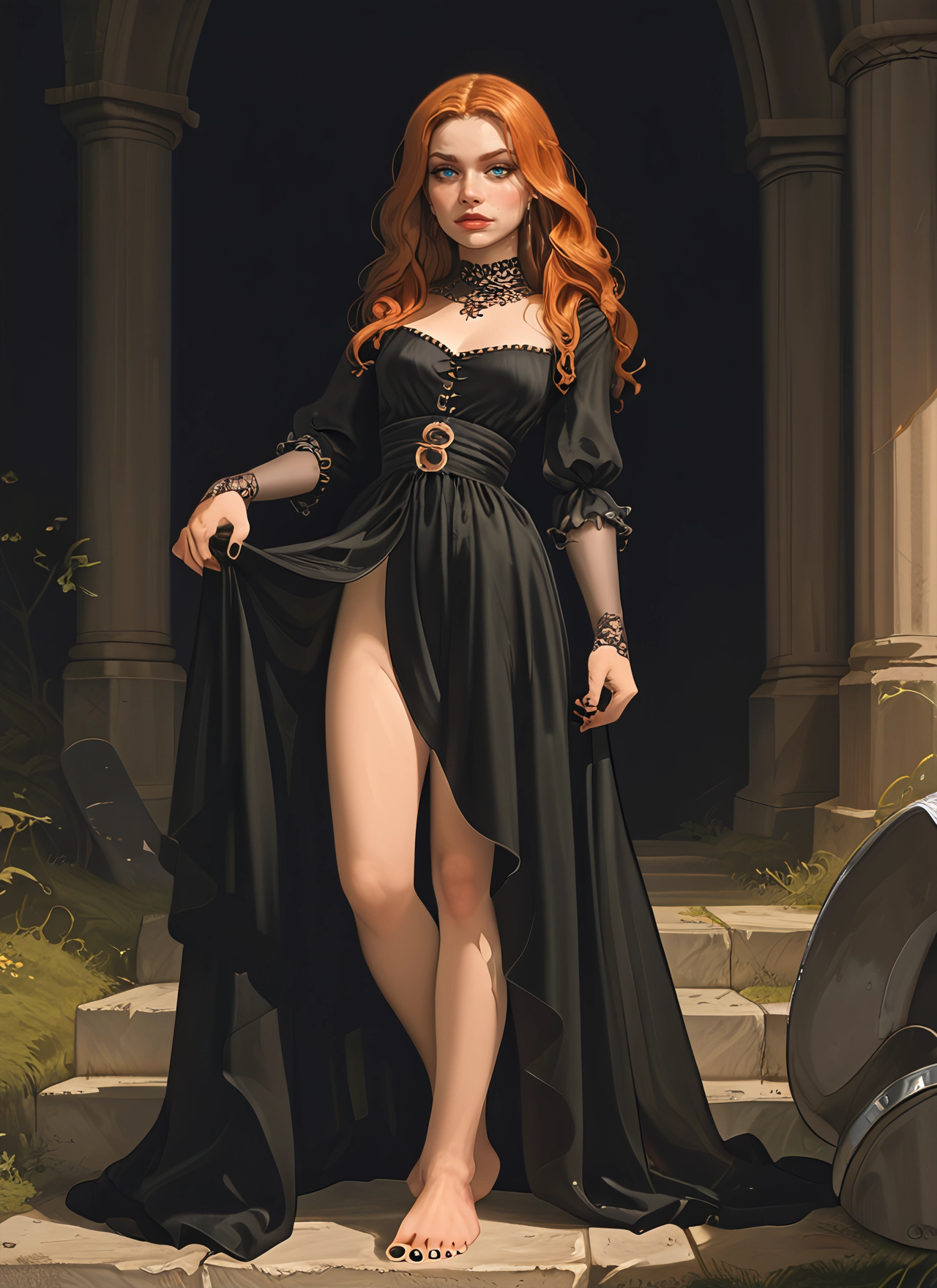 1girl, dress, barefoot, blue eyes, solo, jewelry · Yamete.gg