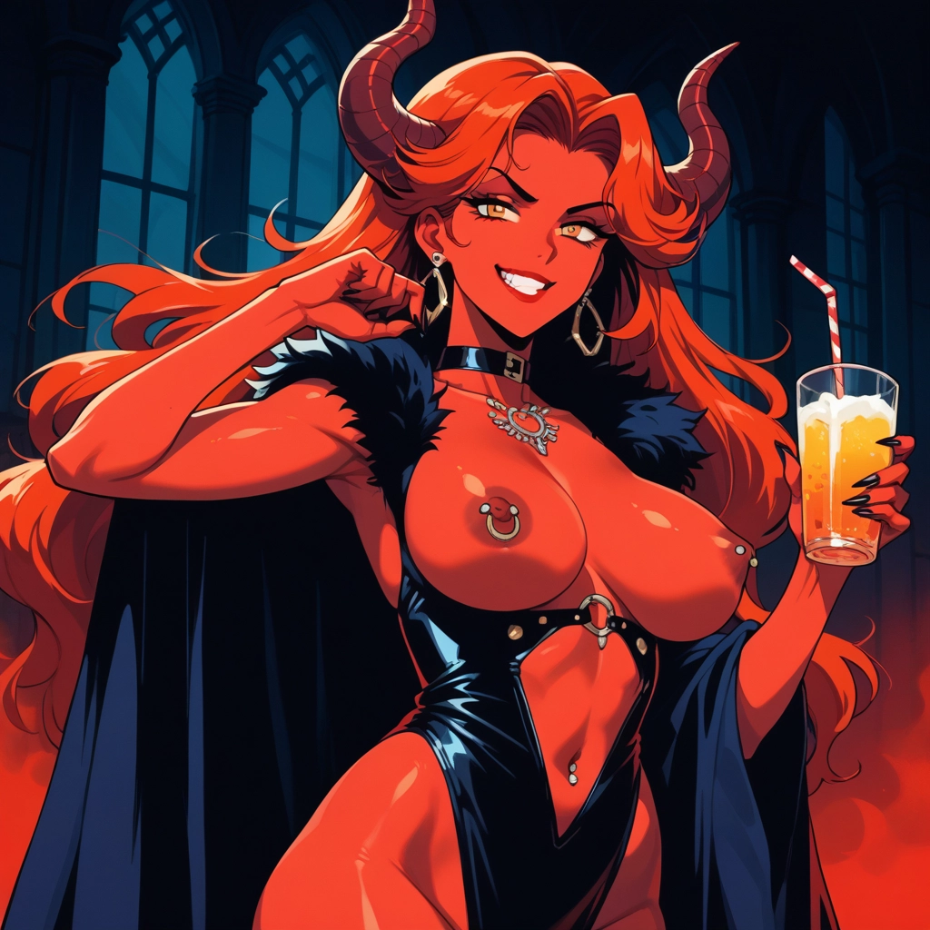 1girl, breasts, horns, piercing, nipple piercing, nipples · Yamete.gg