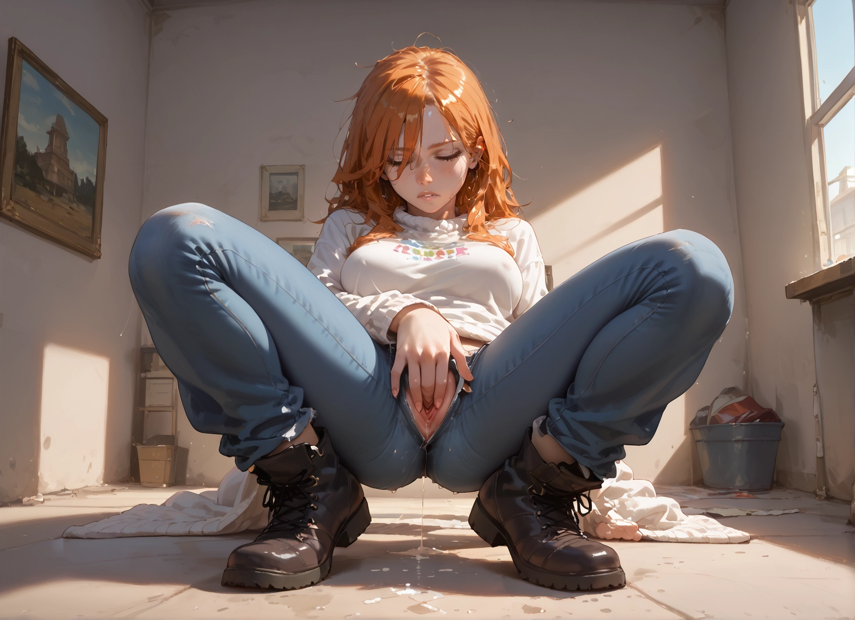 1girl, solo, jeans, denim, masturbation, female masturbation · Yamete.gg