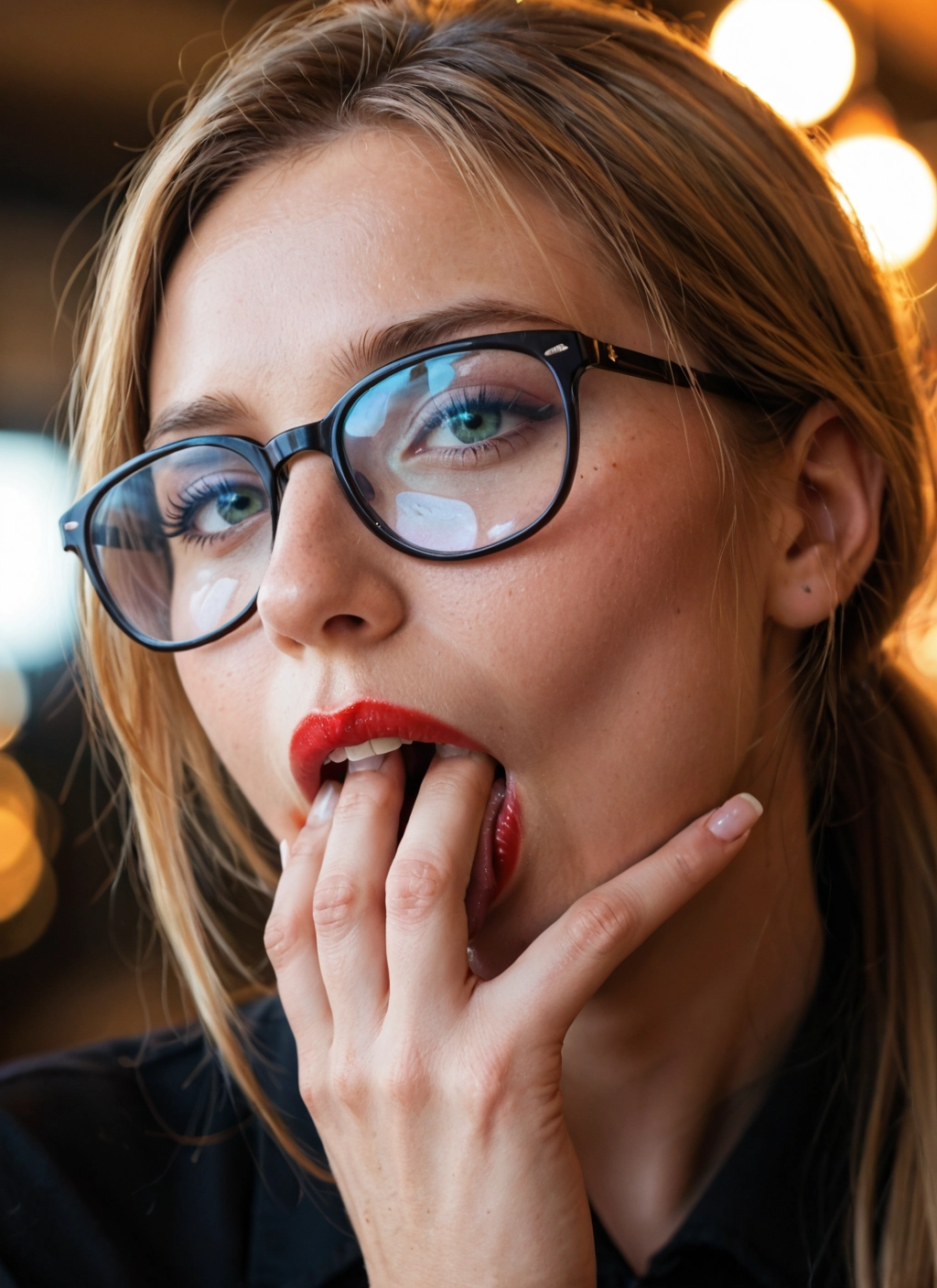 1girl, solo, glasses, blonde hair, green eyes, looking at viewer