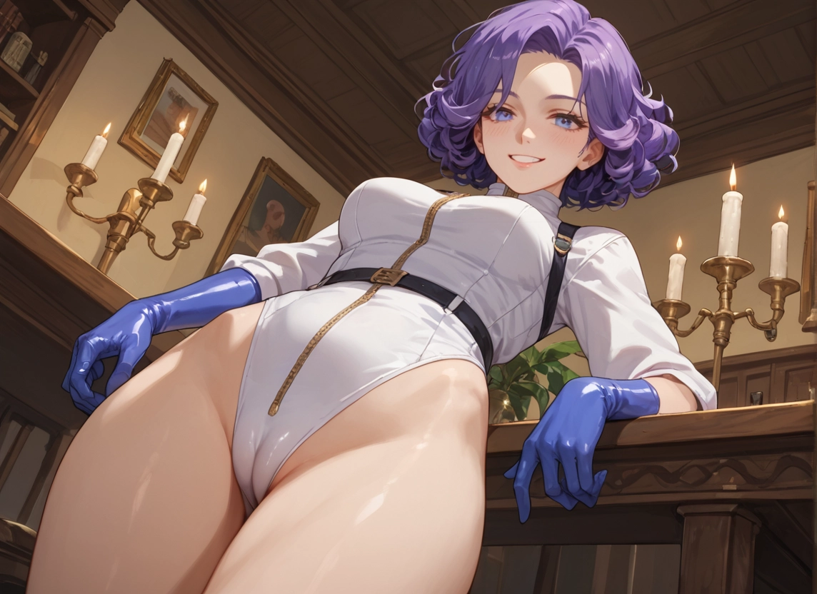 1girl, solo, breasts, gloves, smile, purple hair · Yamete.gg