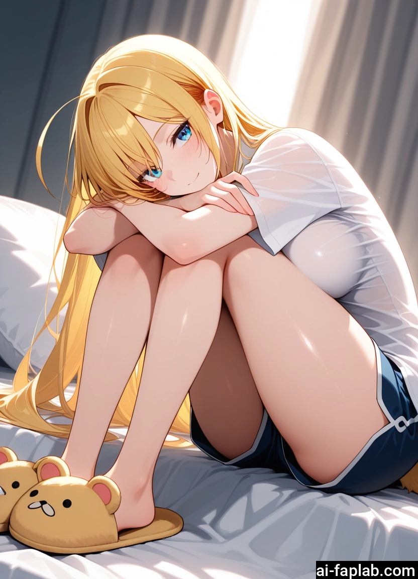 1girl, blonde hair, long hair, solo, breasts, shorts