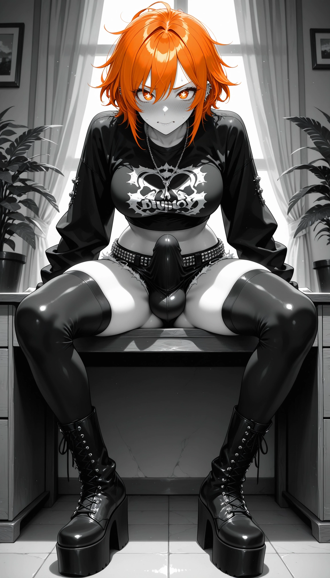 bulge, crop top, solo, sitting, piercing, orange eyes · Yamete.gg
