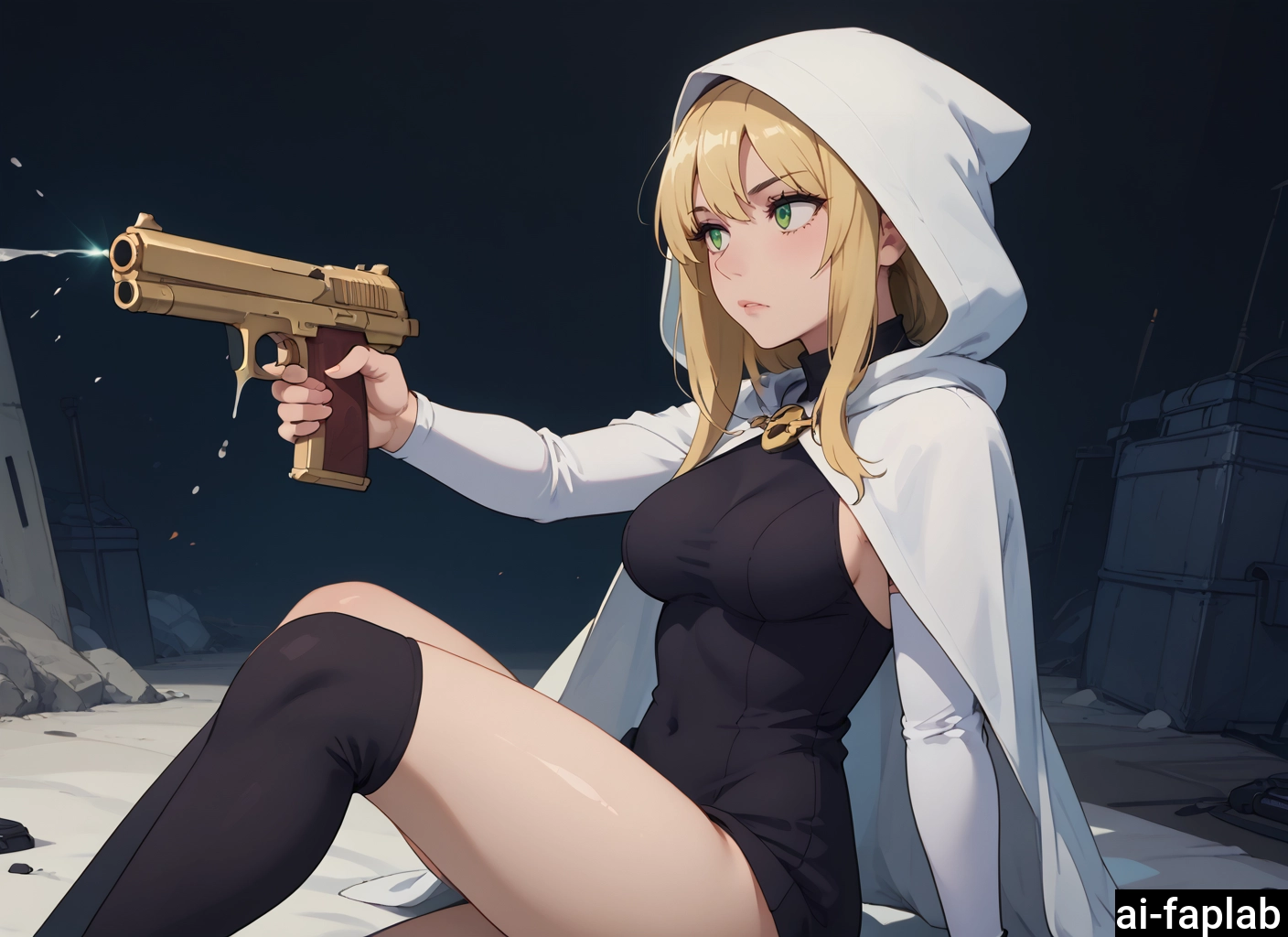 1girl, solo, blonde hair, green eyes, breasts, weapon · Yamete.gg