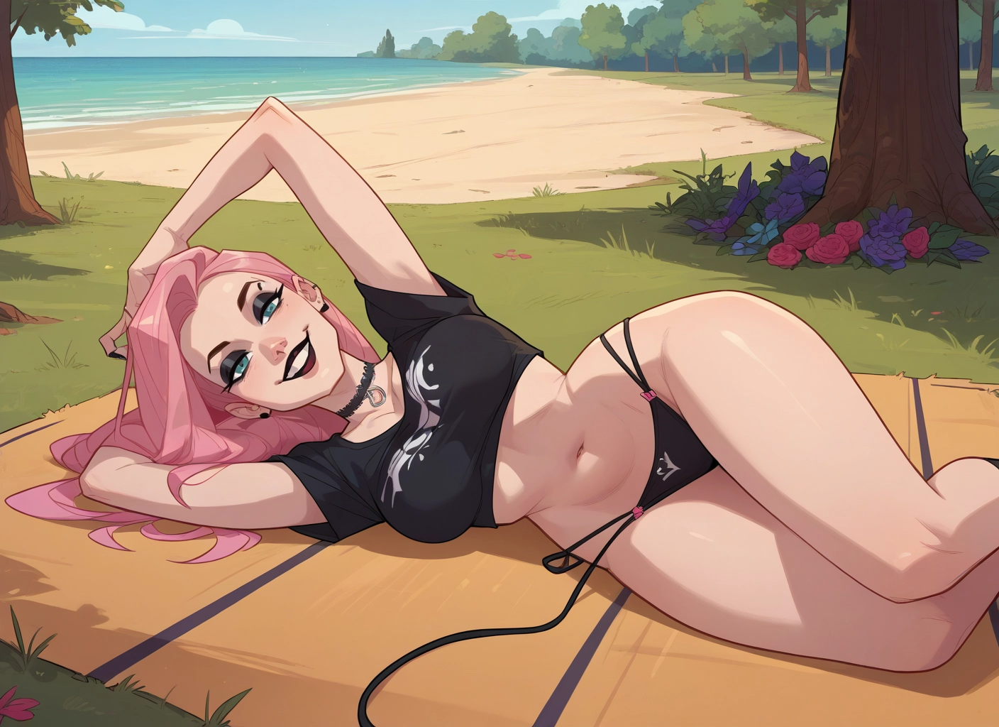 1girl, pink hair, beach, navel, lying, breasts · Yamete.gg