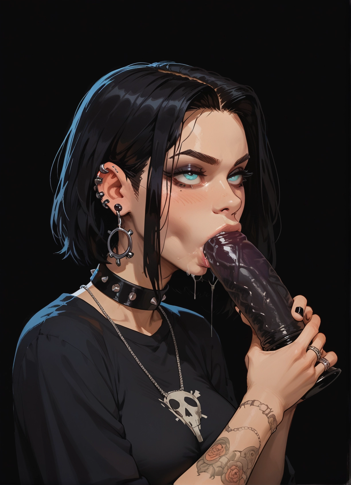 1girl, black hair, jewelry, oral, tattoo, fellatio · Yamete.gg