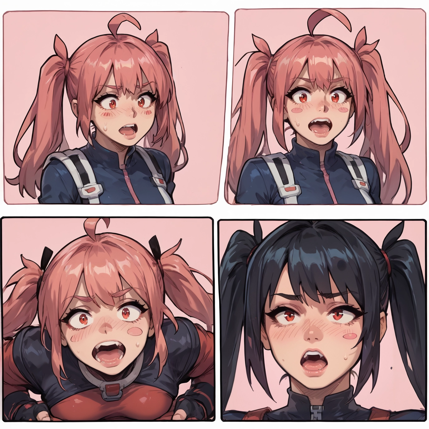 twintails, open mouth, red eyes, blush, ahoge, black hair