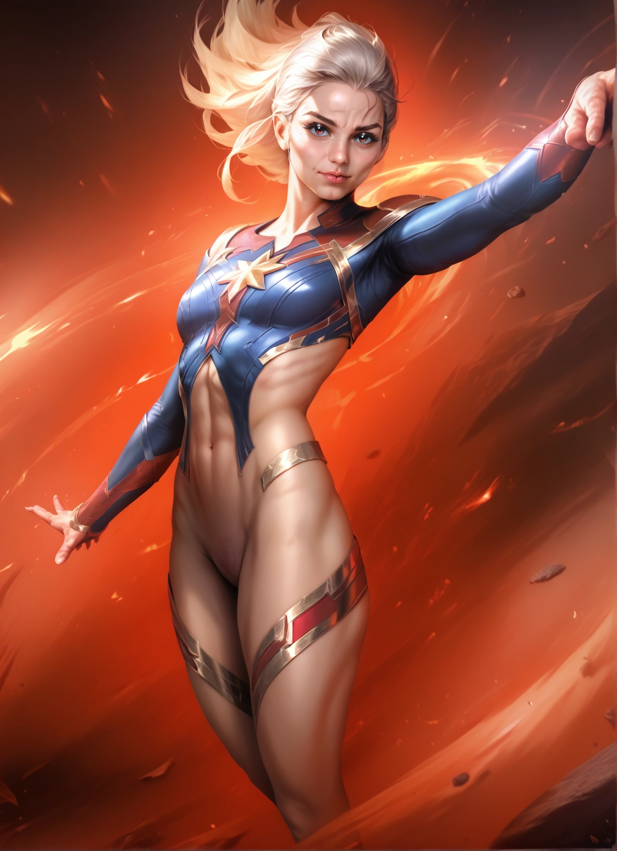 1girl, solo, blue eyes, navel, blonde hair, breasts · Yamete.gg