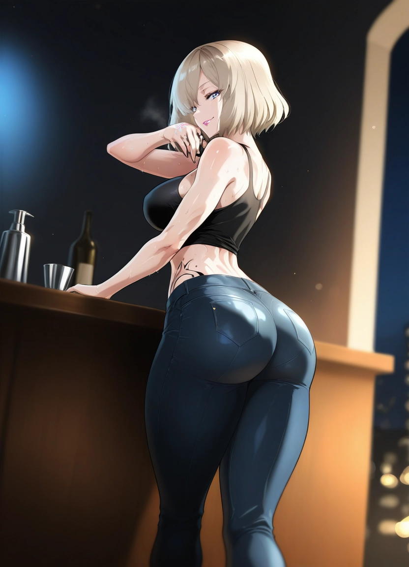 1girl, ass, solo, pants, tattoo, breasts · Yamete.gg