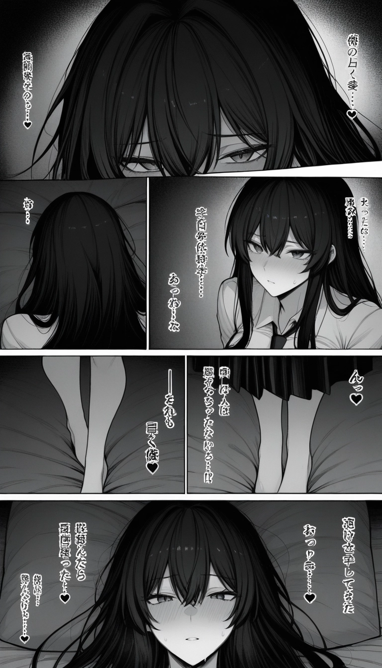 1girl, monochrome, greyscale, long hair, comic, shirt