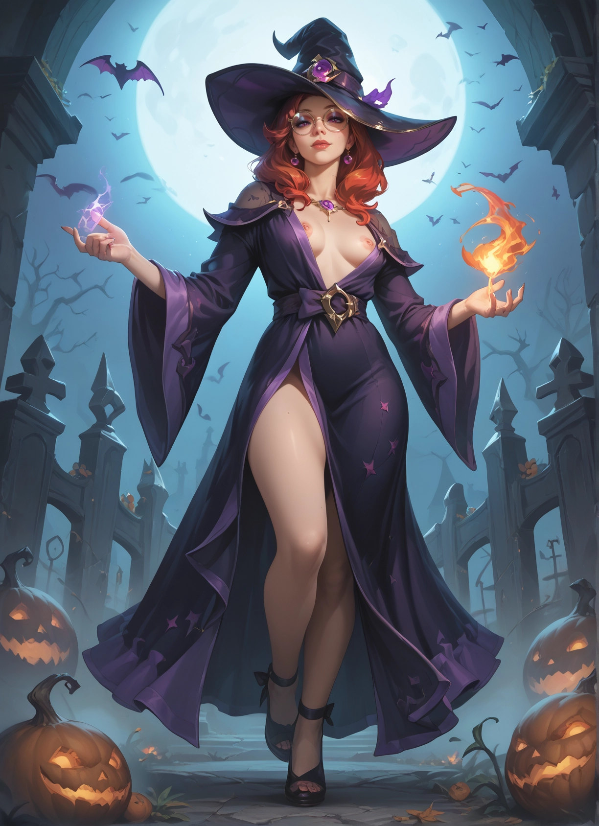 1girl, hat, breasts, witch hat, nipples, moon · Yamete.gg